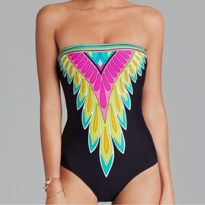 Trina Turk 6 Plumas Bandeau One-piece Swimsuit Black Multi Neon Floral Strapless
